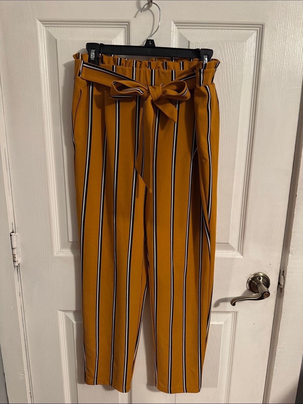 High-Rise Paperbag Trousers with Tie Belt in Mustard Stripe